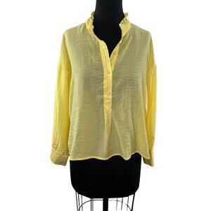 MNG by Mango Yellow Long Sleeve Boxy Popover Shirt Button-Up Ruffle Collar S
